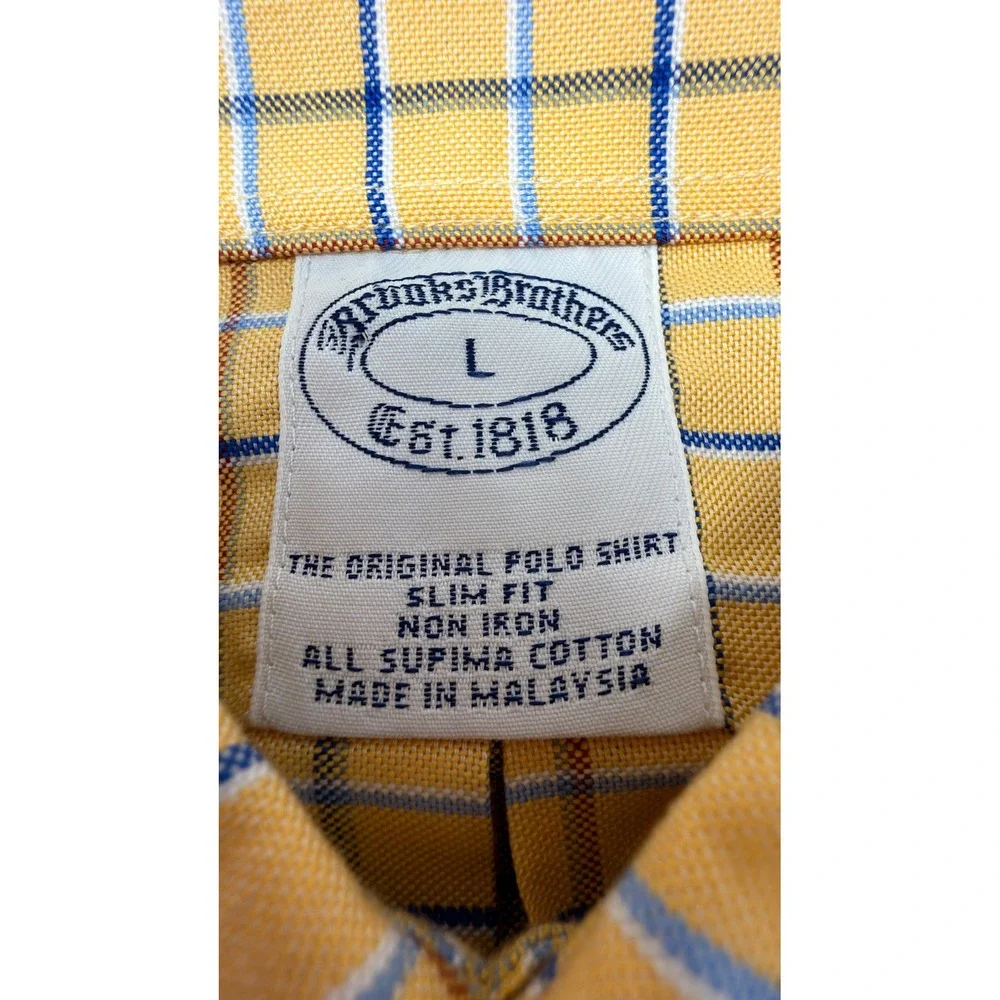 Brooks Brothers Shirt Mens Large L Yellow Plaid Slim Fit Non‎ Iron Supima Cotton